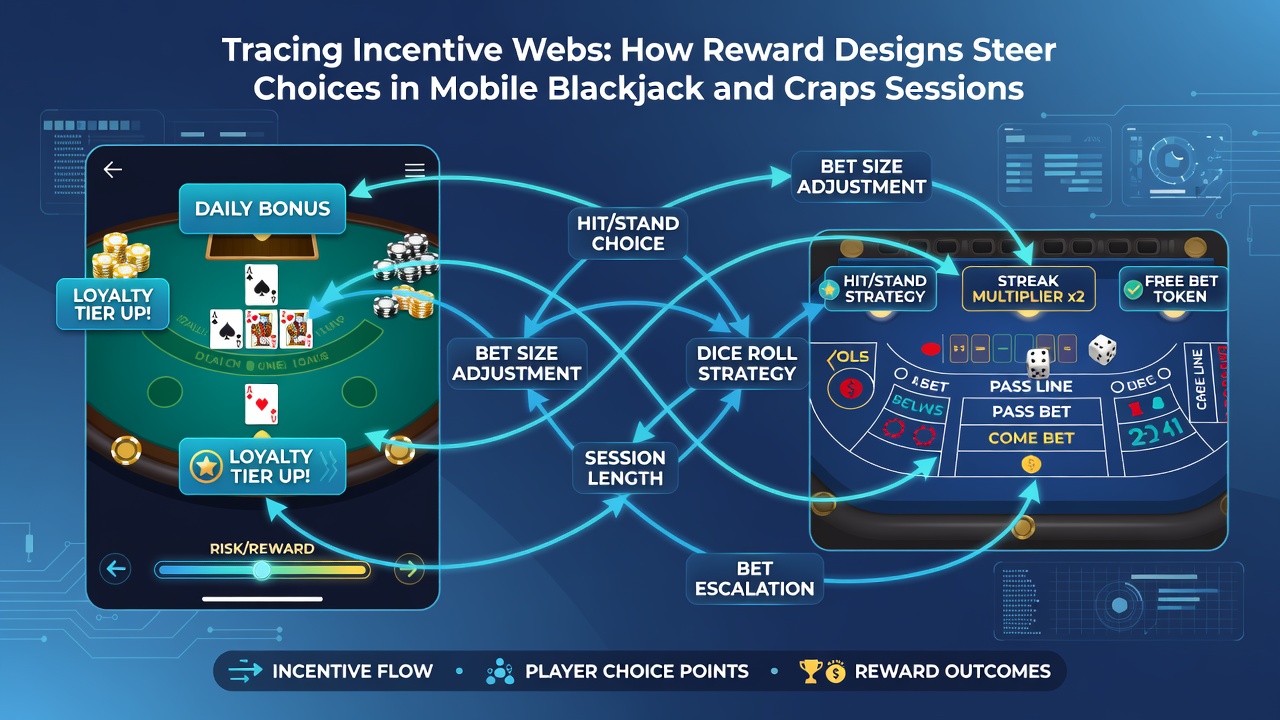 Darstellung von Craps- und Blackjack-Entscheidungspfaden mit Belohnungsindikatoren in einer mobilen App-Oberfläche